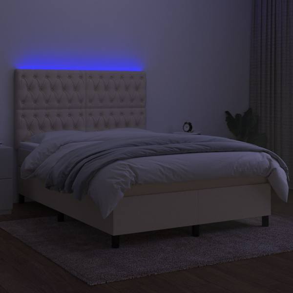 LED-valgustusega kontinentaalvoodi koos madratsiga, kreemjasvalge, 140 × 200 cm, kangas — mudel 3135122