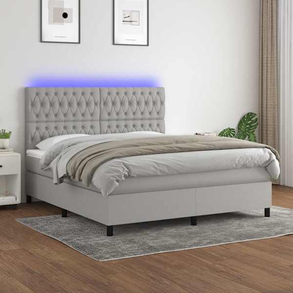 LED-valgustusega kontinentaalvoodi koos madratsiga, helehall, 160 × 200 cm, kangas — mudel 3135125