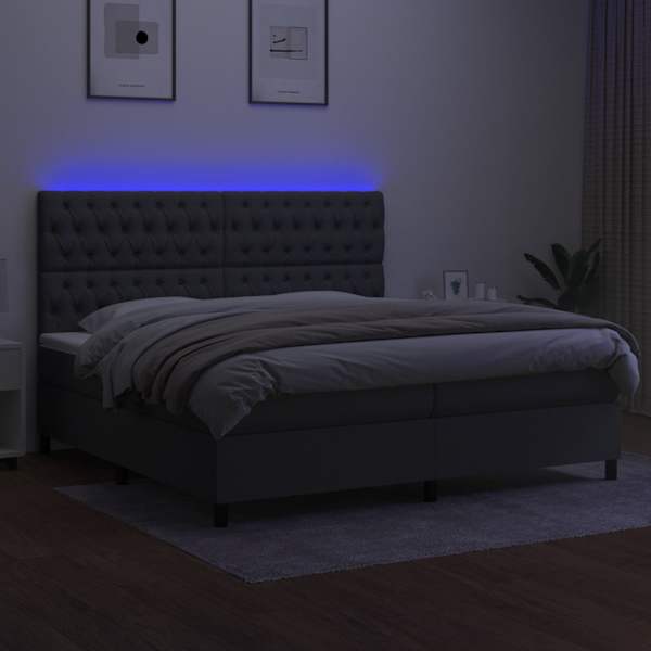 LED-valgustusega kontinentaalvoodi koos 2 madratsiga, tumehall, 200 × 200 cm, kangas — mudel 3135142