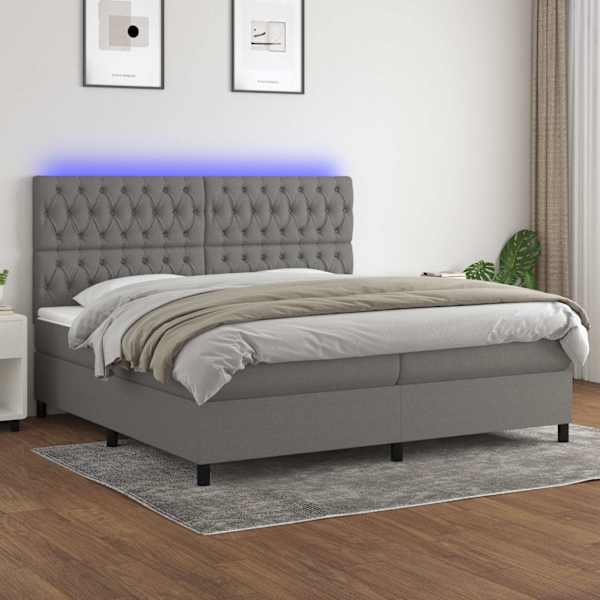 LED-valgustusega kontinentaalvoodi koos 2 madratsiga, tumehall, 200 × 200 cm, kangas — mudel 3135142