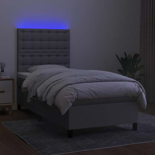 LED-valgustusega kontinentaalvoodi koos madratsiga, helehall, 90 × 190 cm, kangas — mudel 3135157