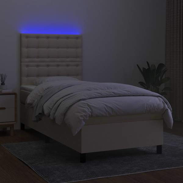 LED-valgustusega kontinentaalvoodi koos madratsiga, kreemjasvalge, 90 × 190 cm, kangas — mudel 3135162
