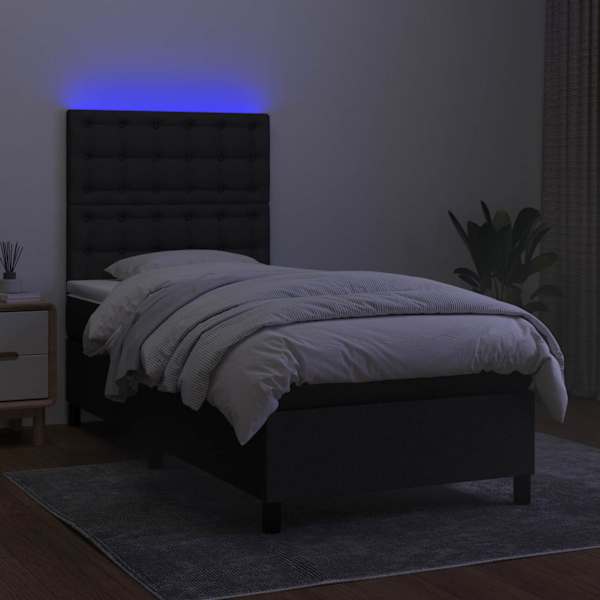 LED-valgustusega kontinentaalvoodi koos madratsiga, must, 90 × 200 cm, kangas — mudel 3135167