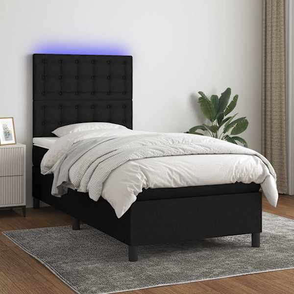 LED-valgustusega kontinentaalvoodi koos madratsiga, must, 100 × 200 cm, kangas — mudel 3135175