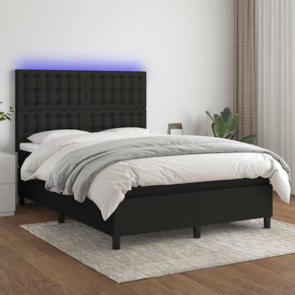LED-valgustusega kontinentaalvoodi koos madratsiga, must, 140 × 190 cm, kangas — mudel 3135191