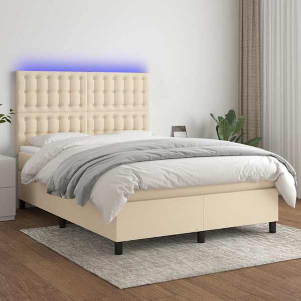 LED-valgustusega kontinentaalvoodi koos madratsiga, kreemjasvalge, 140 × 190 cm, kangas — mudel 3135194