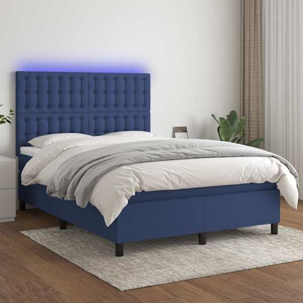 LED-valgustusega kontinentaalvoodi koos madratsiga, sinine, 140 × 190 cm, kangas — mudel 3135195