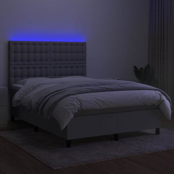LED-valgustusega kontinentaalvoodi koos madratsiga, helehall, 140 × 200 cm, kangas — mudel 3135197