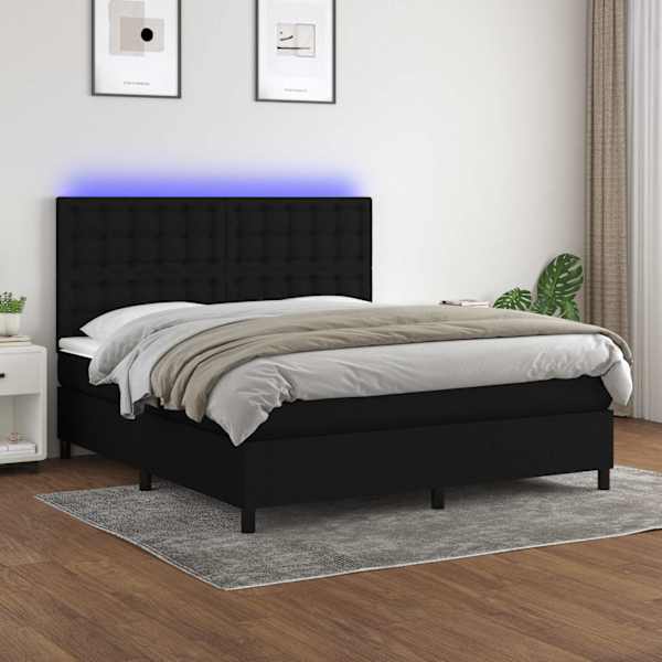 LED-valgustusega kontinentaalvoodi koos madratsiga, must, 160 × 200 cm, kangas — mudel 3135207