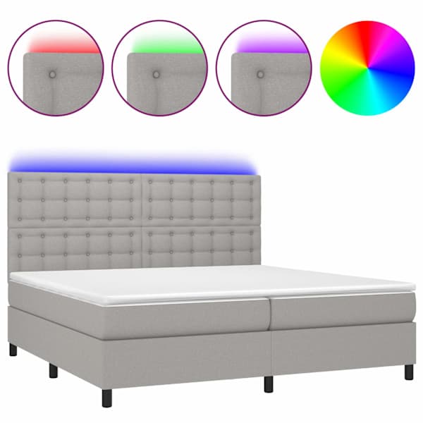 LED-valgustusega kontinentaalvoodi koos 2 madratsiga, helehall, 200 × 200 cm, kangas — mudel 3135221
