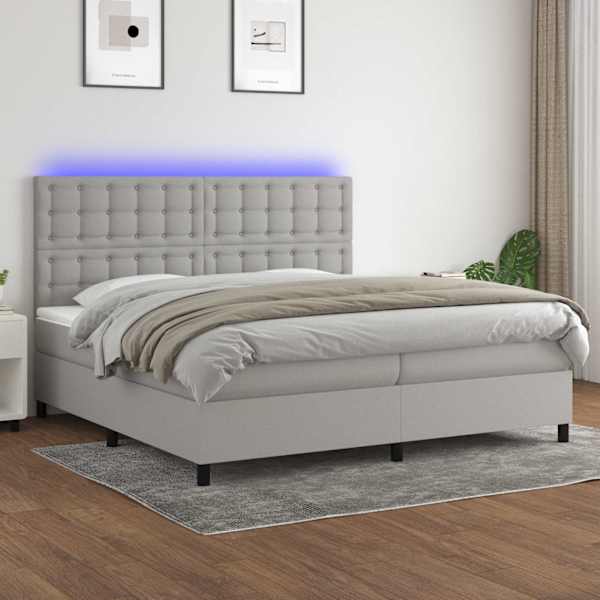 LED-valgustusega kontinentaalvoodi koos 2 madratsiga, helehall, 200 × 200 cm, kangas — mudel 3135221