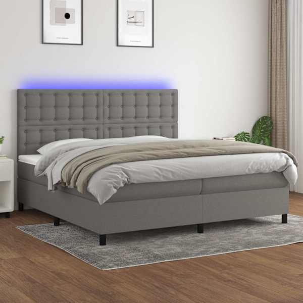 LED-valgustusega kontinentaalvoodi koos 2 madratsiga, tumehall, 200 × 200 cm, kangas — mudel 3135222
