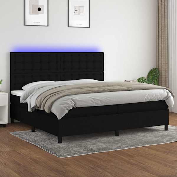 LED-valgustusega kontinentaalvoodi koos 2 madratsiga, must, 200 × 200 cm, kangas — mudel 3135223