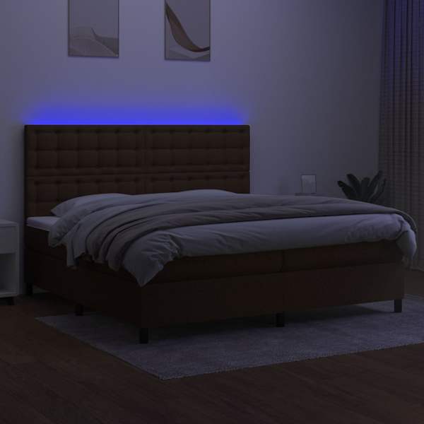 LED-valgustusega kontinentaalvoodi koos 2 madratsiga, tumepruun, 200 × 200 cm, kangas — mudel 3135224
