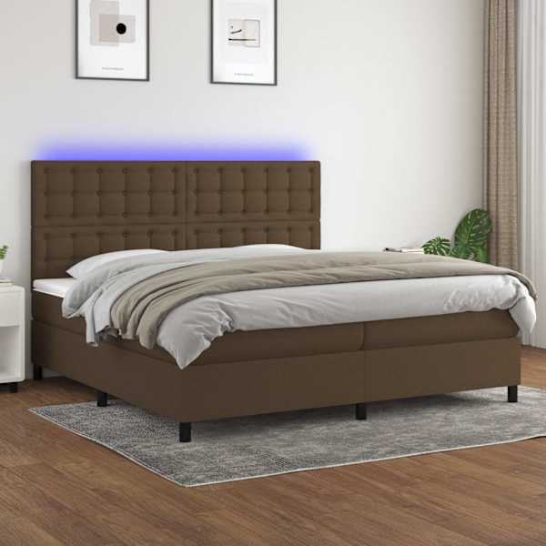 LED-valgustusega kontinentaalvoodi koos 2 madratsiga, tumepruun, 200 × 200 cm, kangas — mudel 3135224
