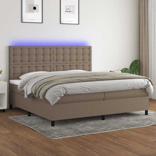 LED-valgustusega kontinentaalvoodi koos 2 madratsiga, pruunikashall, 200 × 200 cm, kangas — mudel 3135225