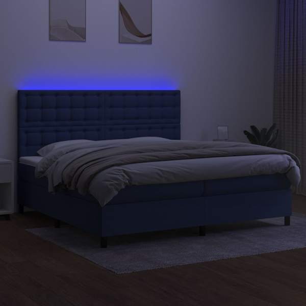 LED-valgustusega kontinentaalvoodi koos 2 madratsiga, sinine, 200 × 200 cm, kangas — mudel 3135227