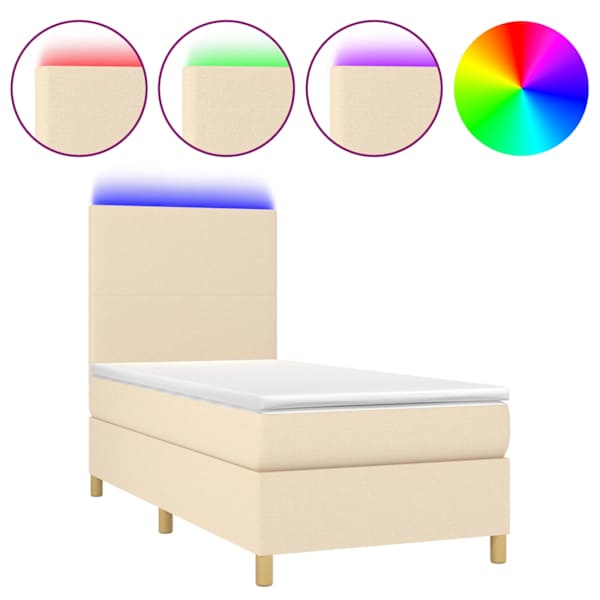 LED-valgustusega kontinentaalvoodi koos madratsiga, kreemjasvalge, 80 × 200 cm, kangas
