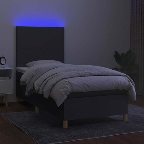 LED-valgustusega kontinentaalvoodi koos madratsiga, tumehall, 90 × 190 cm, kangas — mudel 3135238