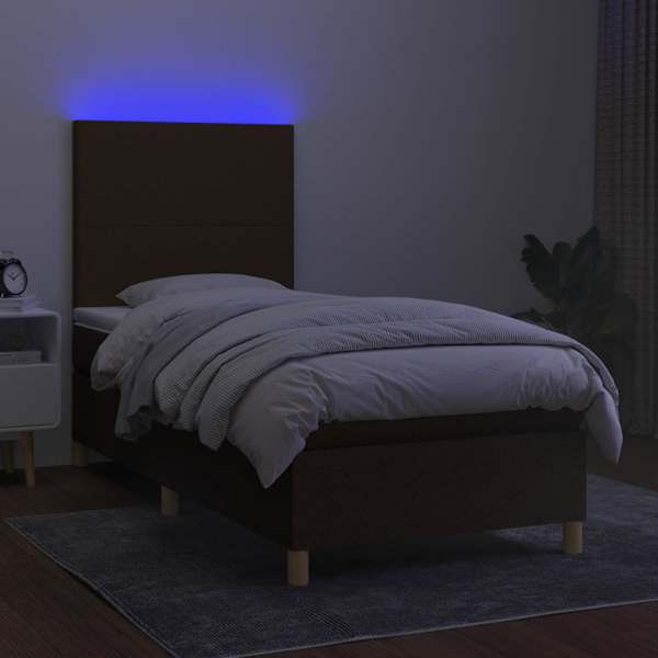 LED-valgustusega kontinentaalvoodi koos madratsiga, tumepruun, 90 × 190 cm, kangas — mudel 3135240