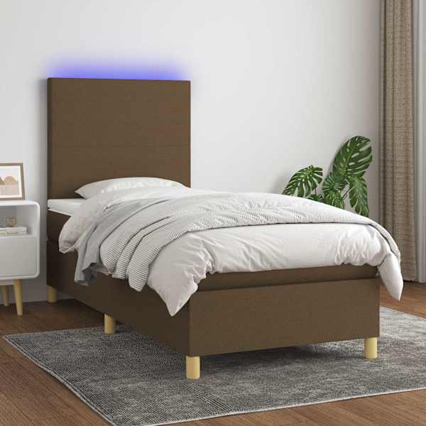 LED-valgustusega kontinentaalvoodi koos madratsiga, tumepruun, 90 × 190 cm, kangas — mudel 3135240