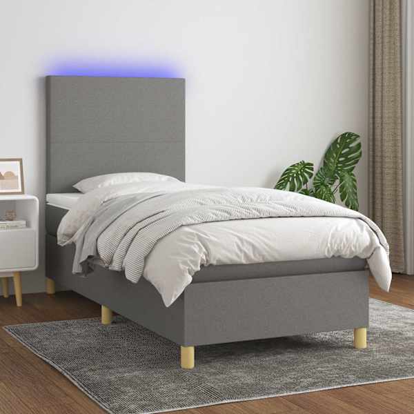 LED-valgustusega kontinentaalvoodi koos madratsiga, tumehall, 100 × 200 cm, kangas — mudel 3135254