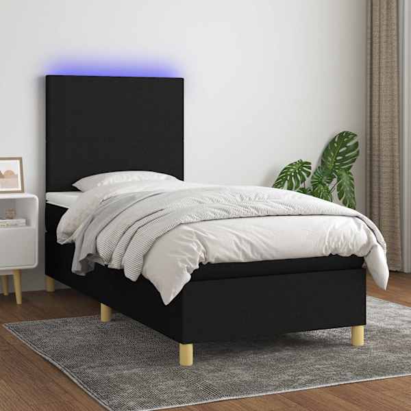 LED-valgustusega kontinentaalvoodi koos madratsiga, must, 100 × 200 cm, kangas — mudel 3135255
