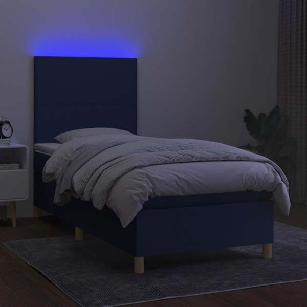 LED-valgustusega kontinentaalvoodi koos madratsiga, sinine, 100 × 200 cm, kangas — mudel 3135259