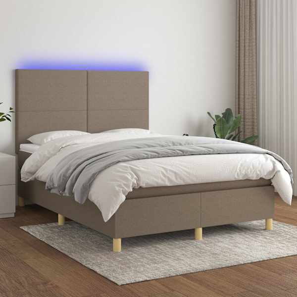 LED-valgustusega kontinentaalvoodi koos madratsiga, pruunikashall, 140 × 190 cm, kangas — mudel 3135273