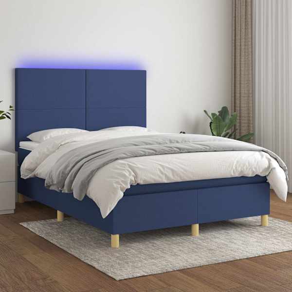 LED-valgustusega kontinentaalvoodi koos madratsiga, sinine, 140 × 190 cm, kangas — mudel 3135275