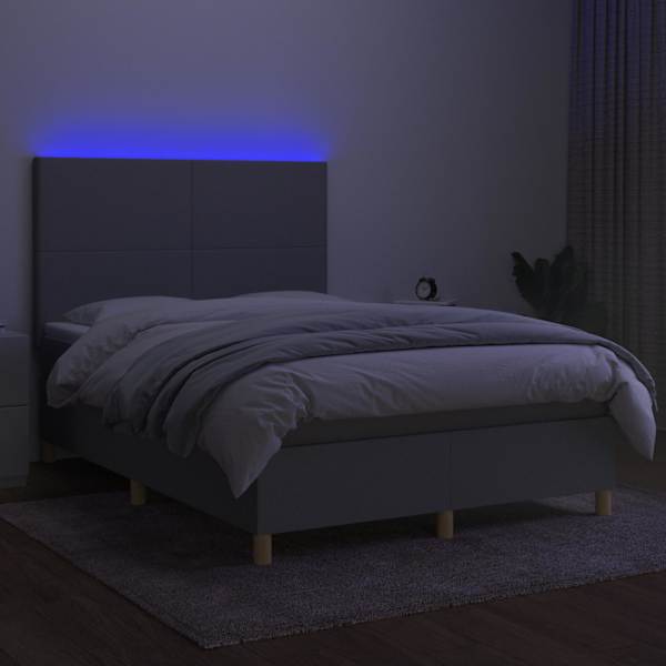 LED-valgustusega kontinentaalvoodi koos madratsiga, helehall, 140 × 200 cm, kangas — mudel 3135277