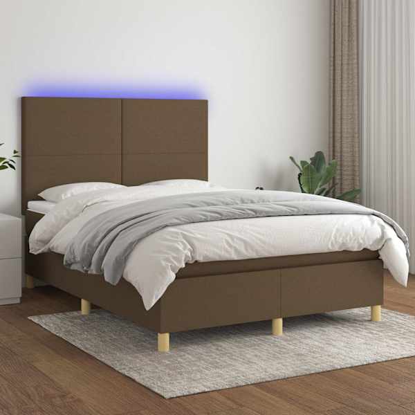 LED-valgustusega kontinentaalvoodi koos madratsiga, tumepruun, 140 × 200 cm, kangas — mudel 3135280