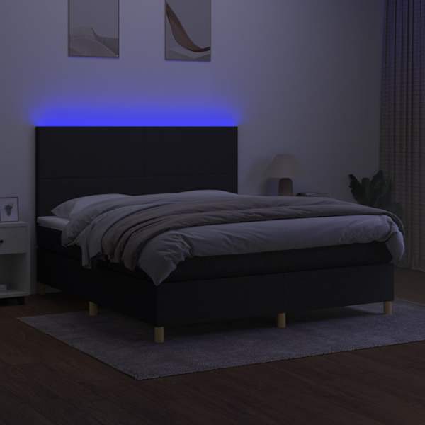 LED-valgustusega kontinentaalvoodi koos madratsiga, must, 160 × 200 cm, kangas — mudel 3135287