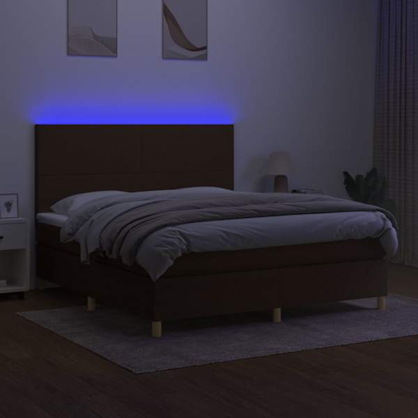 LED-valgustusega kontinentaalvoodi koos madratsiga, tumepruun, 160 × 200 cm, kangas — mudel 3135288
