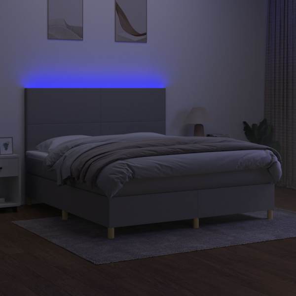 LED-valgustusega kontinentaalvoodi koos madratsiga, helehall, 180 × 200 cm, kangas — mudel 3135293