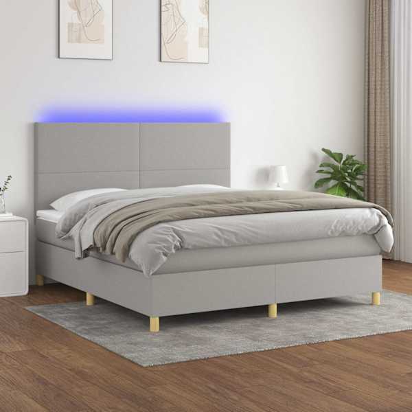 LED-valgustusega kontinentaalvoodi koos madratsiga, helehall, 180 × 200 cm, kangas — mudel 3135293
