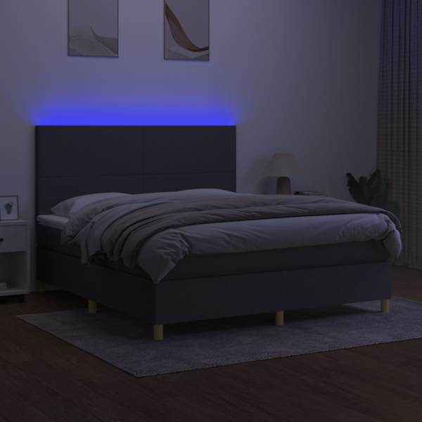 LED-valgustusega kontinentaalvoodi koos madratsiga, tumehall, 180 × 200 cm, kangas — mudel 3135294