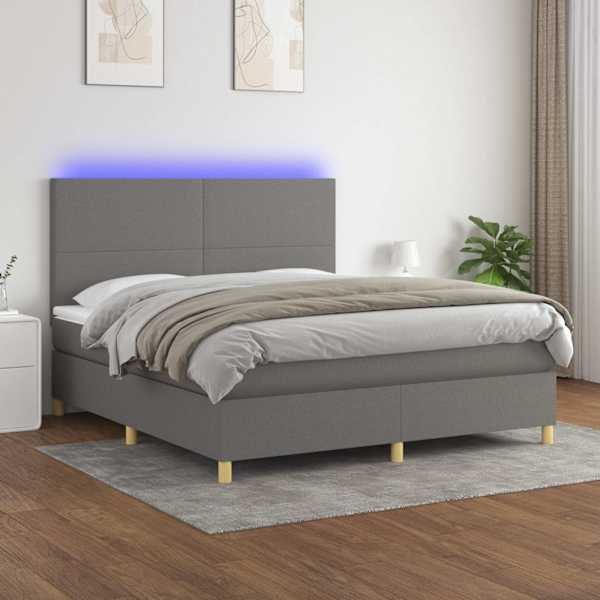 LED-valgustusega kontinentaalvoodi koos madratsiga, tumehall, 180 × 200 cm, kangas — mudel 3135294