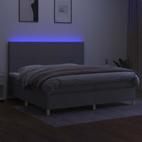 LED-valgustusega kontinentaalvoodi koos 2 madratsiga, helehall, 200 × 200 cm, kangas — mudel 3135301