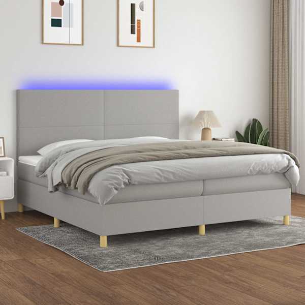 LED-valgustusega kontinentaalvoodi koos 2 madratsiga, helehall, 200 × 200 cm, kangas — mudel 3135301