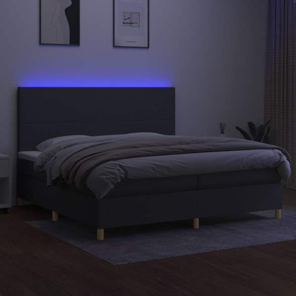 LED-valgustusega kontinentaalvoodi koos 2 madratsiga, tumehall, 200 × 200 cm, kangas — mudel 3135302