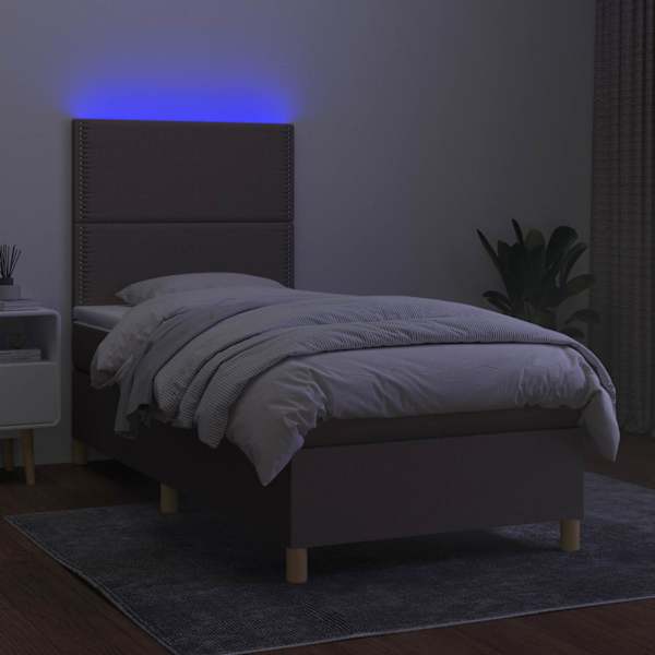 LED-valgustusega kontinentaalvoodi koos madratsiga, pruunikashall, 90 × 190 cm, kangas — mudel 3135321