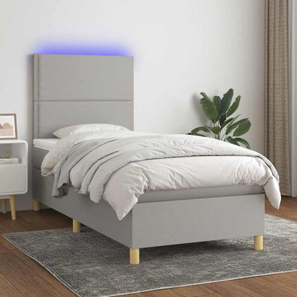 LED-valgustusega kontinentaalvoodi koos madratsiga, helehall, 90 × 200 cm, kangas — mudel 3135325