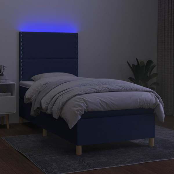 LED-valgustusega kontinentaalvoodi koos madratsiga, sinine, 90 × 200 cm, kangas — mudel 3135331