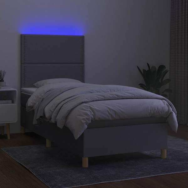 LED-valgustusega kontinentaalvoodi koos madratsiga, helehall, 100 × 200 cm, kangas — mudel 3135333