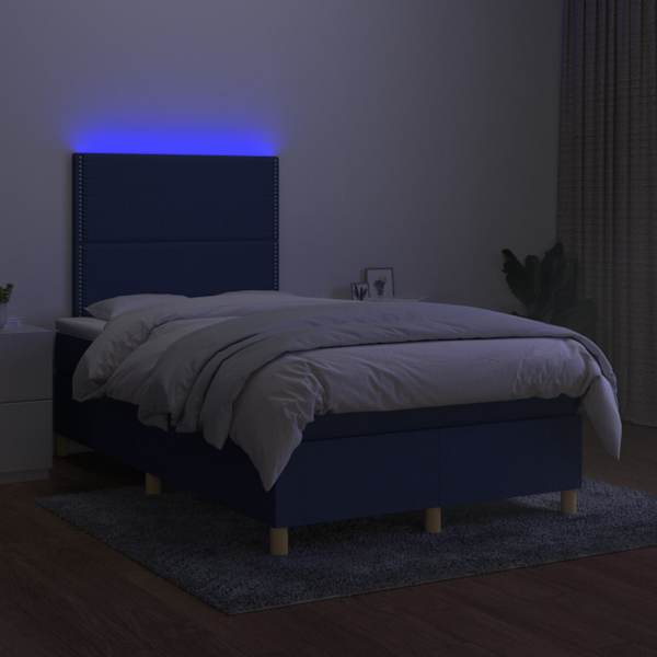 LED-valgustusega kontinentaalvoodi koos madratsiga, sinine, 120 × 200 cm, kangas — mudel 3135347