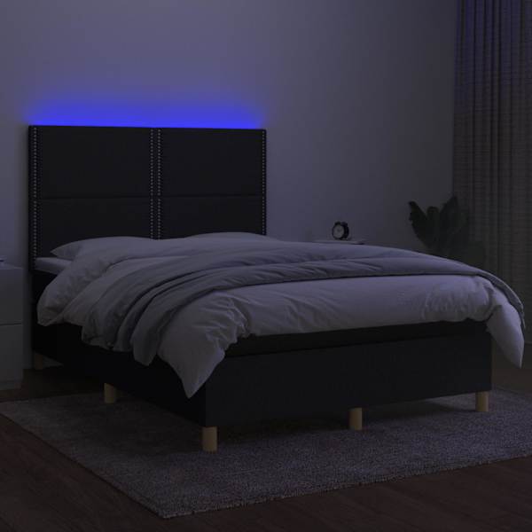 LED-valgustusega kontinentaalvoodi koos madratsiga, must, 140 × 190 cm, kangas — mudel 3135351