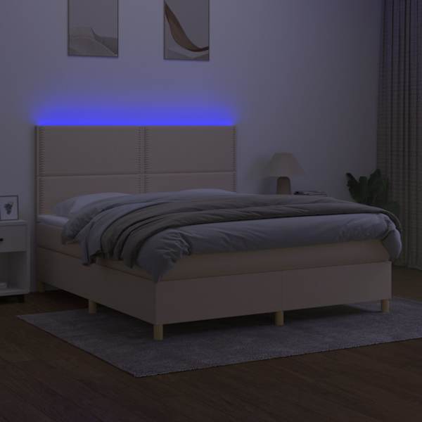 LED-valgustusega kontinentaalvoodi koos madratsiga, kreemjasvalge, 180 × 200 cm, kangas — mudel 3135378