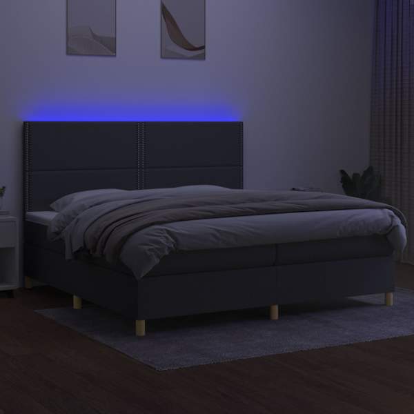 LED-valgustusega kontinentaalvoodi koos 2 madratsiga, tumehall, 200 × 200 cm, kangas — mudel 3135382