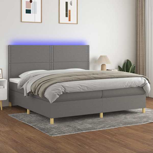 LED-valgustusega kontinentaalvoodi koos 2 madratsiga, tumehall, 200 × 200 cm, kangas — mudel 3135382
